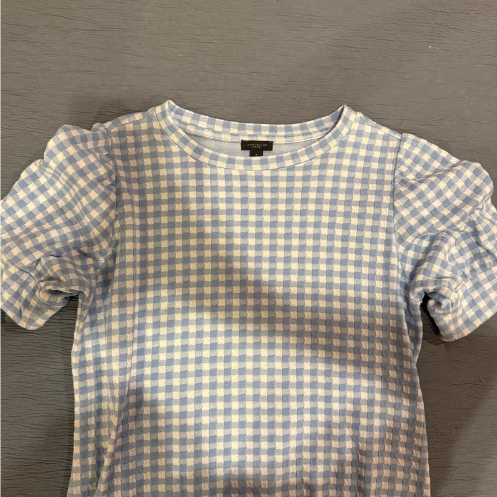 SOLD AnnTaylor Factory Light Blue Checkered Kids Tee